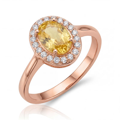 14K Solid Gold Citrine Ring, Oval Halo Lab Grown Yellow Stone - Dainty Fine Jewelry
