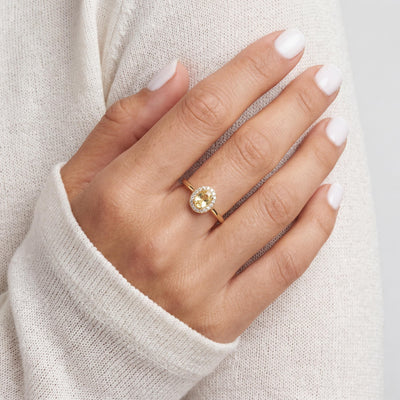 14K Solid Gold Citrine Ring, Oval Halo Lab Grown Yellow Stone - Dainty Fine Jewelry