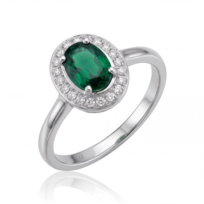14K Solid Gold Emerald Ring, Oval Halo Lab Grown Green Stone - Dainty Fine Jewelry