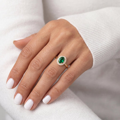 14K Solid Gold Emerald Ring, Oval Halo Lab Grown Green Stone - Dainty Fine Jewelry