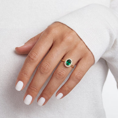 14K Solid Gold Emerald Ring, Oval Halo Lab Grown Green Stone - Dainty Fine Jewelry