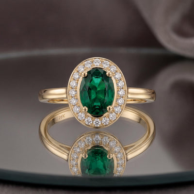 14K Solid Gold Emerald Ring, Oval Halo Lab Grown Green Stone - Dainty Fine Jewelry