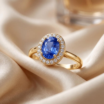14K Solid Gold Sapphire Ring, Oval Halo Lab Grown Blue Stone - Dainty Fine Jewelry