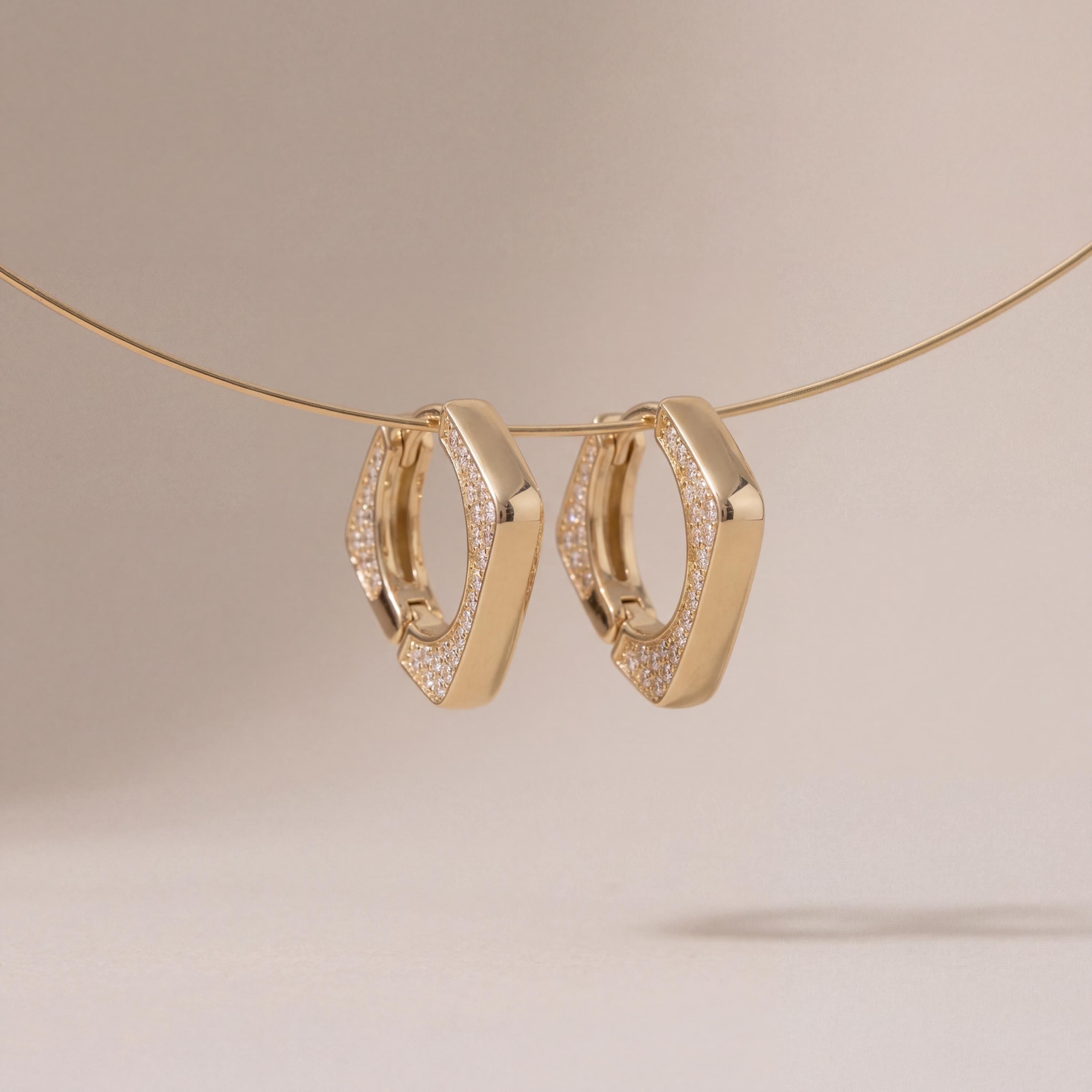 14K Solid Gold Geometric Huggie Earrings  Square Hoop, Minimal Angular Modern Hinged Clasp