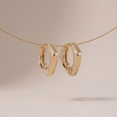14K Solid Gold Geometric Huggie Earrings  Square Hoop, Minimal Angular Modern Hinged Clasp