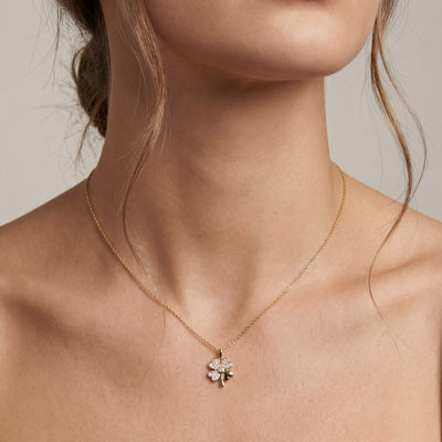 14K Solid Gold Four Leaf Clover Pendant Necklace, Handmade Lucky Charm, Dainty Minimal Jewelry