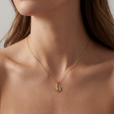 14K Solid Gold Sun and Moon Pendant Necklace with CZ Stones Minimal Charm