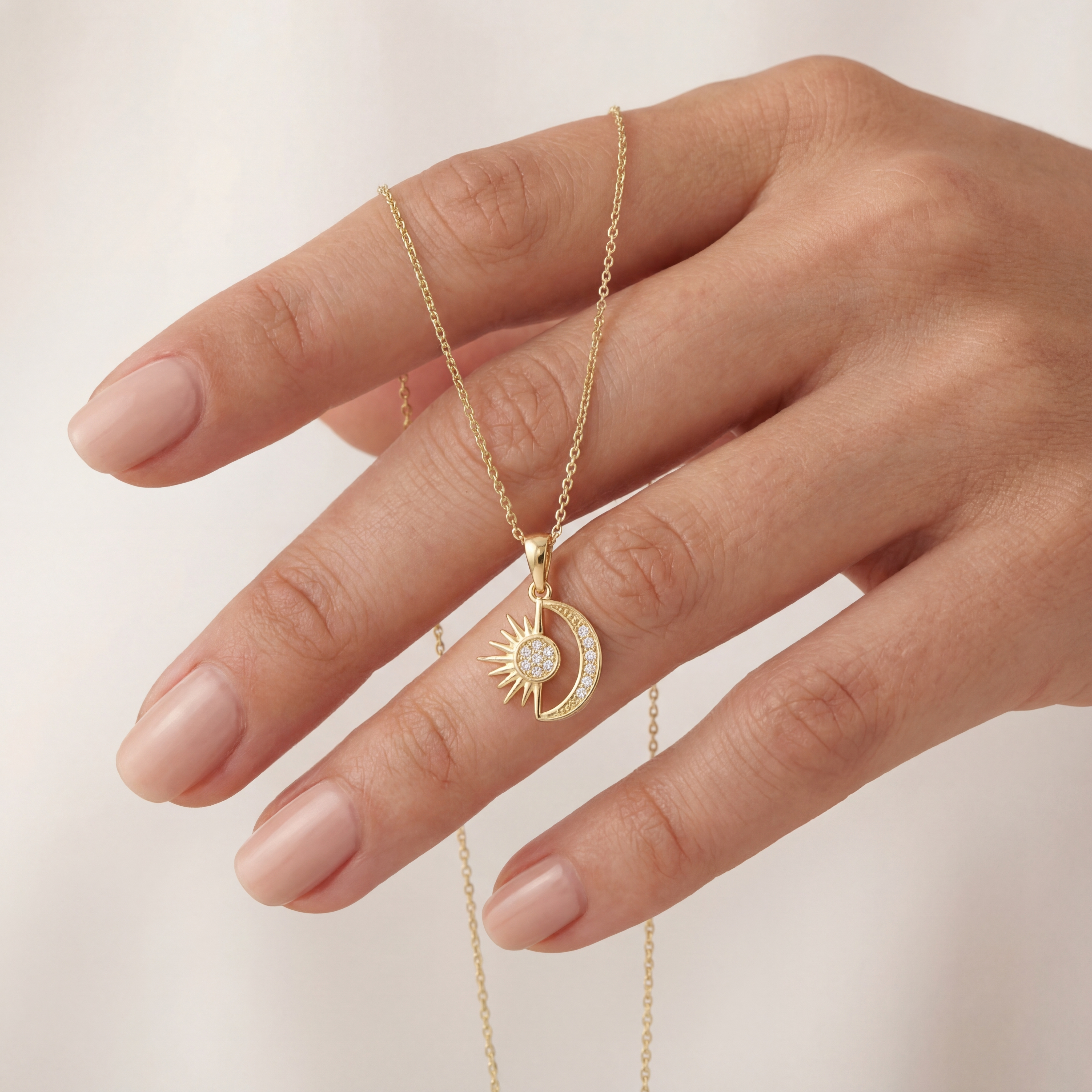 14K Solid Gold Sun and Moon Pendant Necklace with CZ Stones Minimal Charm