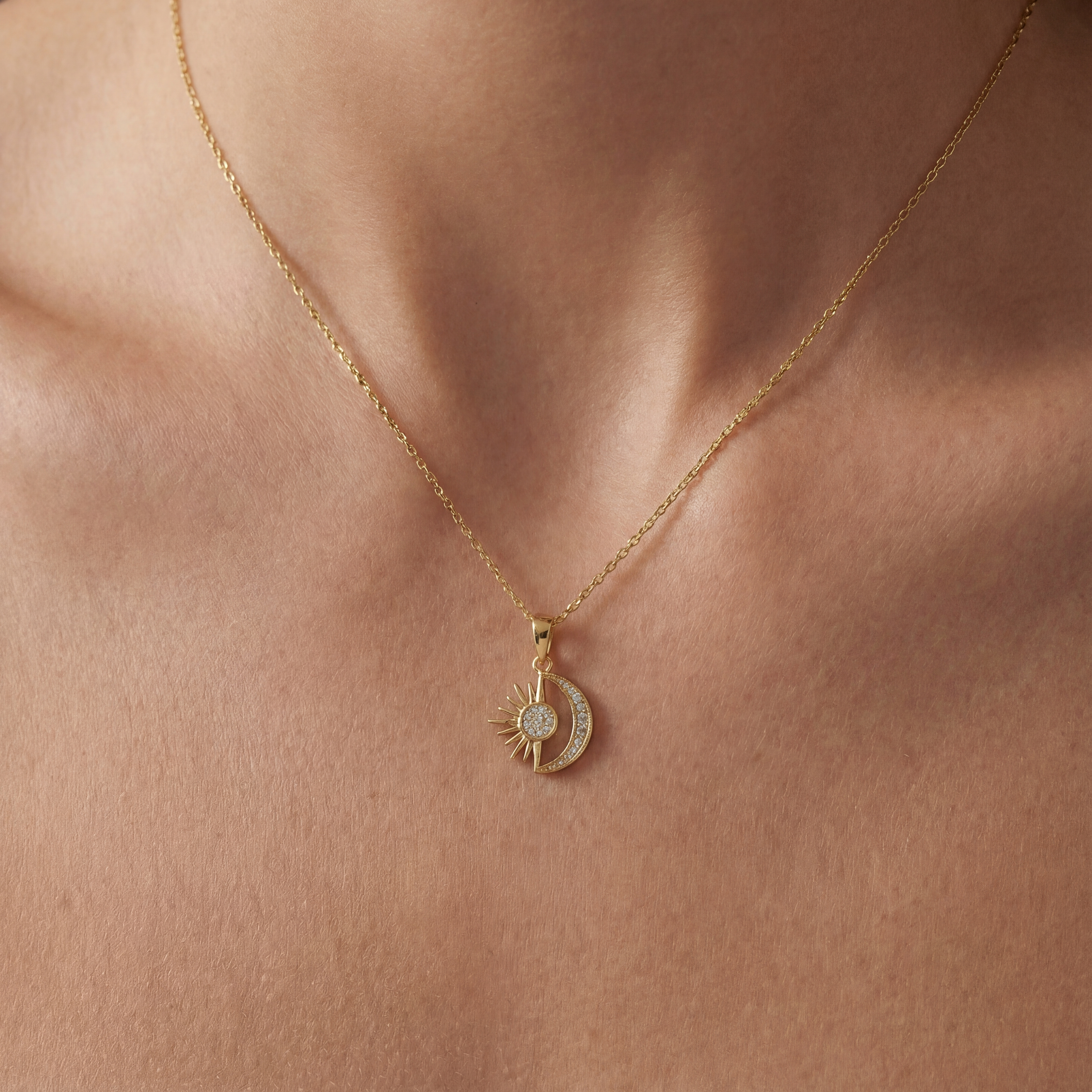 14K Solid Gold Sun and Moon Pendant Necklace with CZ Stones Minimal Charm