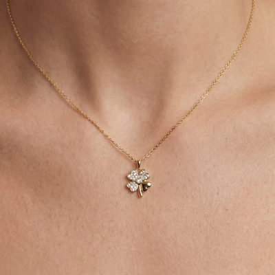 14K Solid Gold Four Leaf Clover Pendant Necklace, Handmade Lucky Charm, Dainty Minimal Jewelry