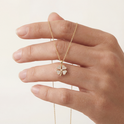 14K Solid Gold CZ Clover Necklace - Handmade Pavé Lucky Symbol Unisex Jewelry
