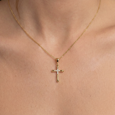 14K Solid Gold Minimal Christian Cross Pendant Necklace with CZ and Heart Details