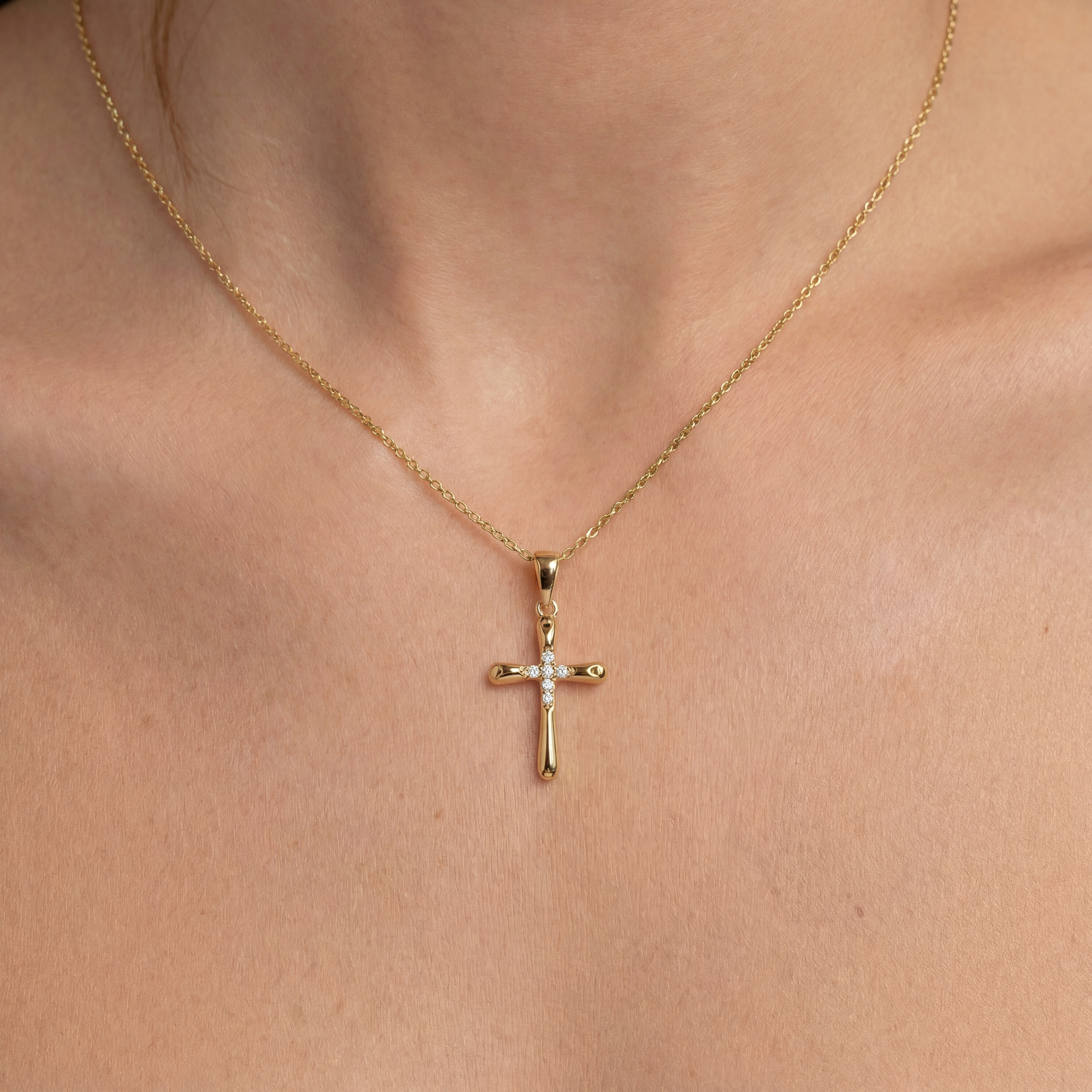 14K Solid Gold Minimal Christian Cross Pendant Necklace with CZ and Heart Details