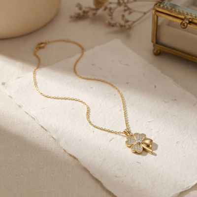 14K Solid Gold Four Leaf Clover Pendant Necklace, Handmade Lucky Charm, Dainty Minimal Jewelry