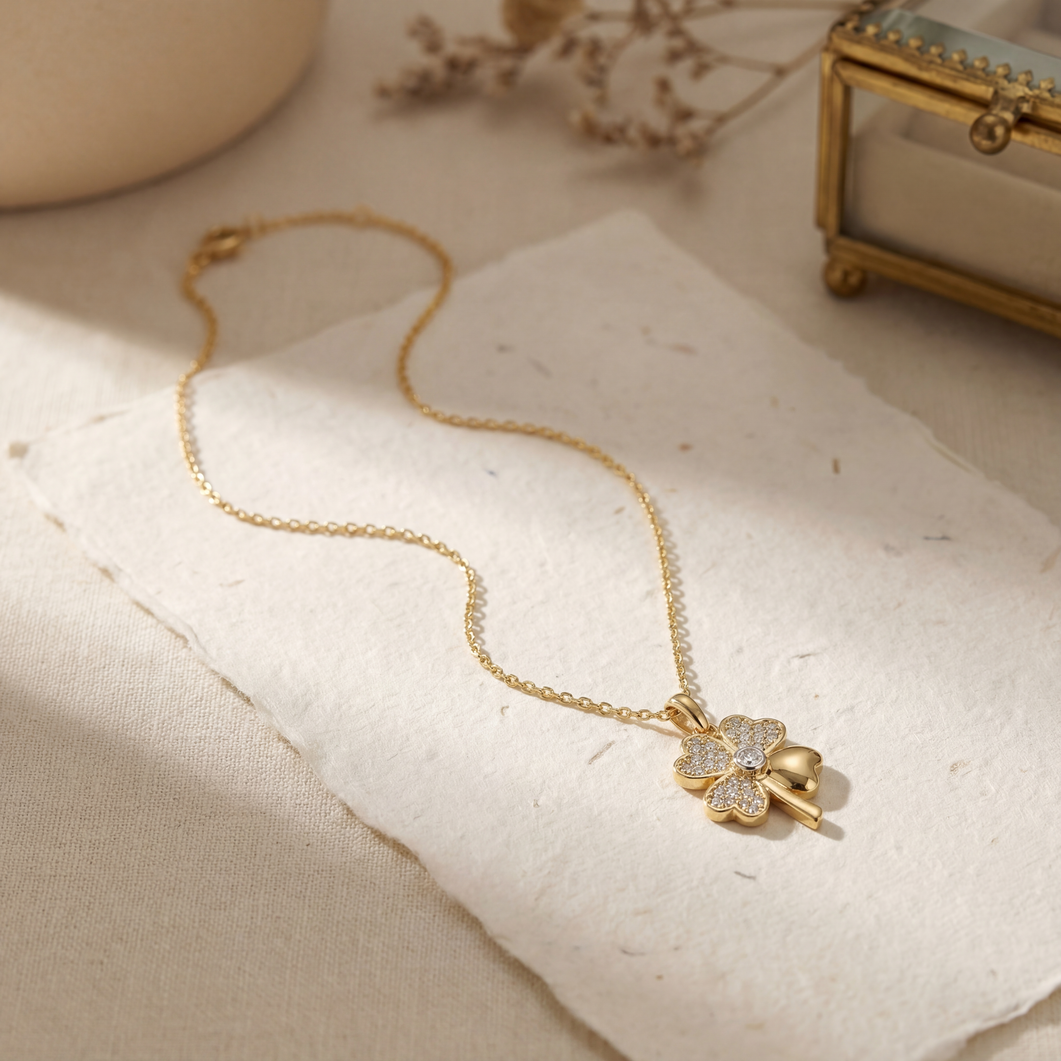 14K Solid Gold Four Leaf Clover Pendant Necklace, Handmade Lucky Charm, Dainty Minimal Jewelry