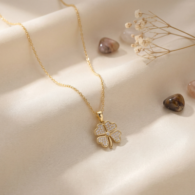 14K Solid Gold CZ Clover Necklace - Handmade Pavé Lucky Symbol Unisex Jewelry