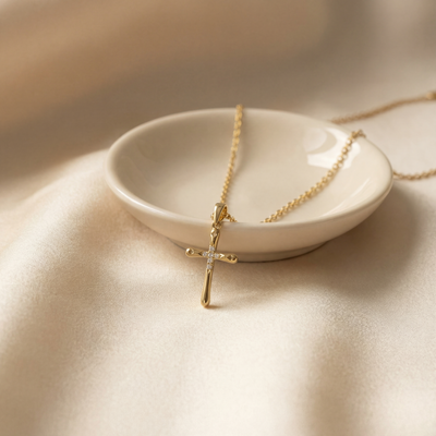 14K Solid Gold Minimal Christian Cross Pendant Necklace with CZ and Heart Details