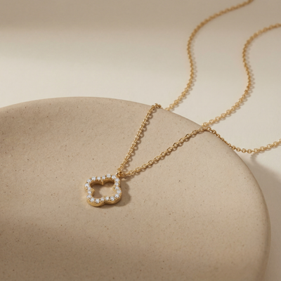 14K Solid Gold Open Quatrefoil Clover Style Necklace with CZ Stones - Minimal Lucky Charm