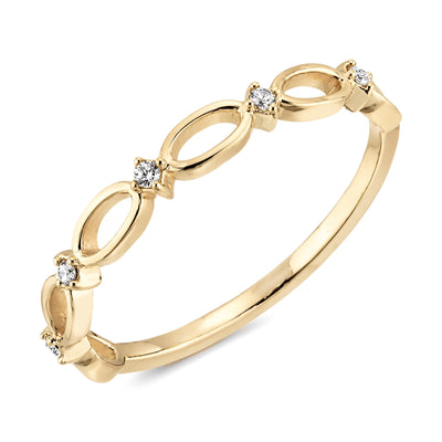 14K yellow gold infinity ring, open oval links alternating with small clear stones, close-up on white