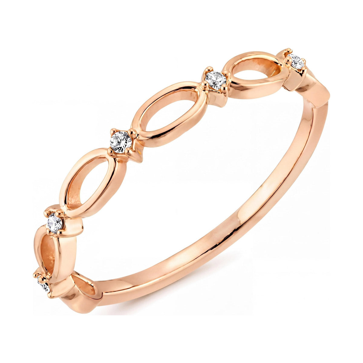 14K rose gold infinity ring, open oval links alternating with small clear stones, close-up on white