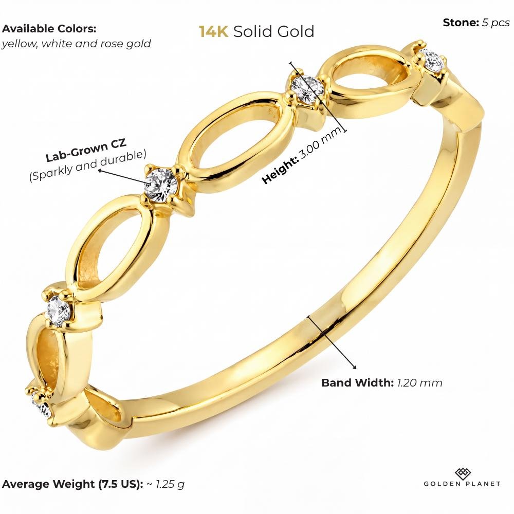 Product info graphic for 14K gold infinity ring, showing stones, available colors, band width, height, average weight