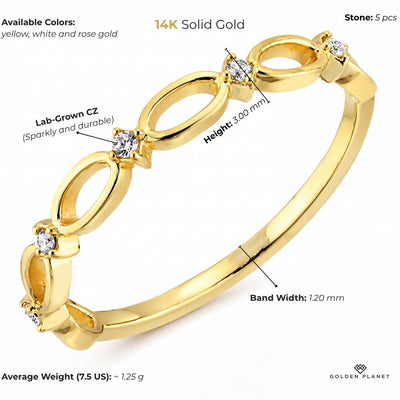 Product info graphic for 14K gold infinity ring, showing stones, available colors, band width, height, average weight