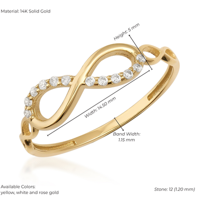 14K Solid Gold Infinity Ring – Half Pavé Zirconia Minimalist Eternity Symbol Ring for Daily Wear or Stacking