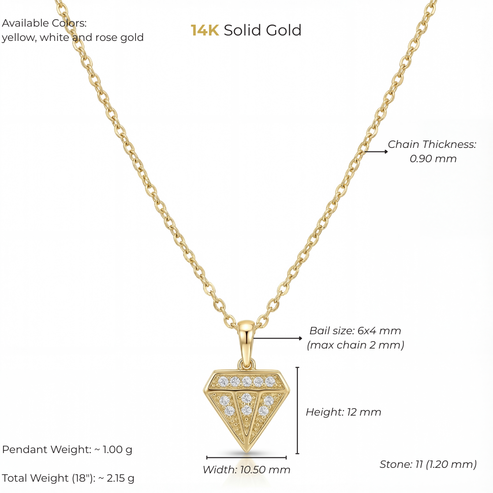 14K Solid Diamond Silhouette Pendant Necklace, Handmade Real Gold Necklace, Dainty Minimal Jewelry