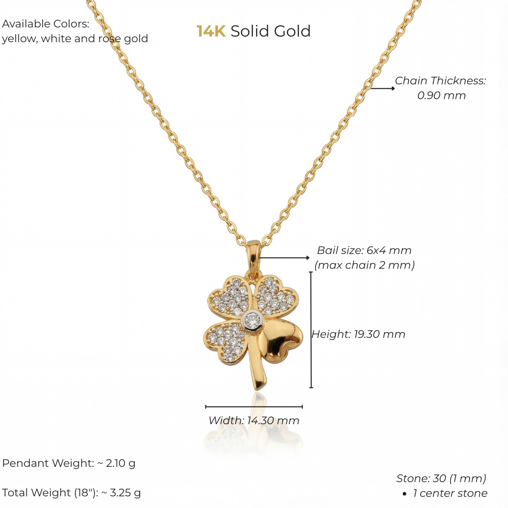 14K Solid Gold Four Leaf Clover Pendant Necklace, Handmade Lucky Charm, Dainty Minimal Jewelry