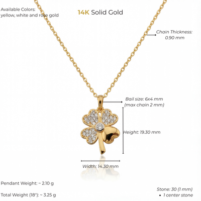 14K Solid Gold Four Leaf Clover Pendant Necklace, Handmade Lucky Charm, Dainty Minimal Jewelry