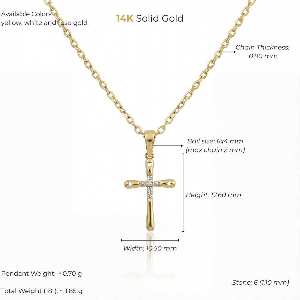 14K Solid Gold Minimal Christian Cross Pendant Necklace with CZ and Heart Details
