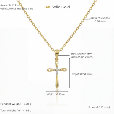 14K Solid Gold Minimal Christian Cross Pendant Necklace with CZ and Heart Details