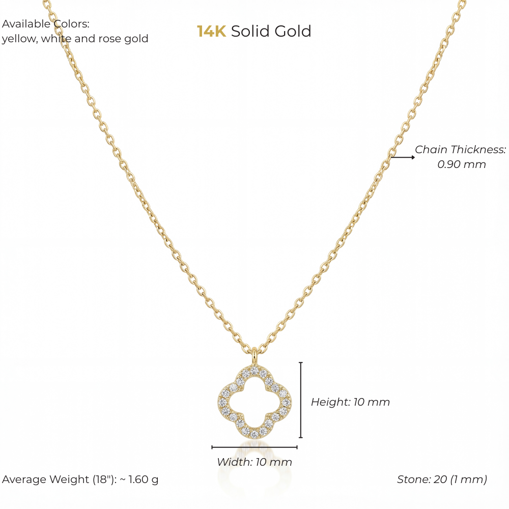 14K Solid Gold Open Quatrefoil Clover Style Necklace with CZ Stones - Minimal Lucky Charm