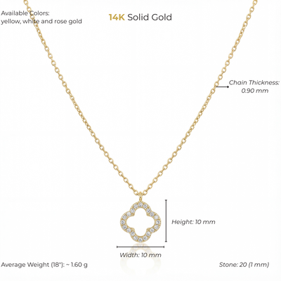 14K Solid Gold Open Quatrefoil Clover Style Necklace with CZ Stones - Minimal Lucky Charm