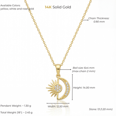 14K Solid Gold Sun and Moon Pendant Necklace with CZ Stones Minimal Charm