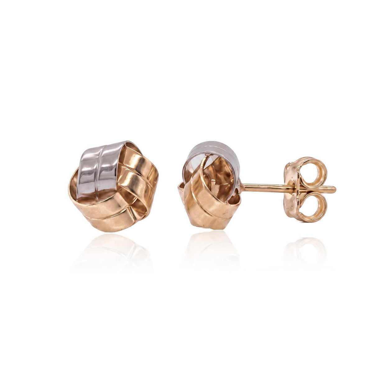 Pair of 14K rose gold knot stud earrings with white gold accent strip, front and side view with butterfly back