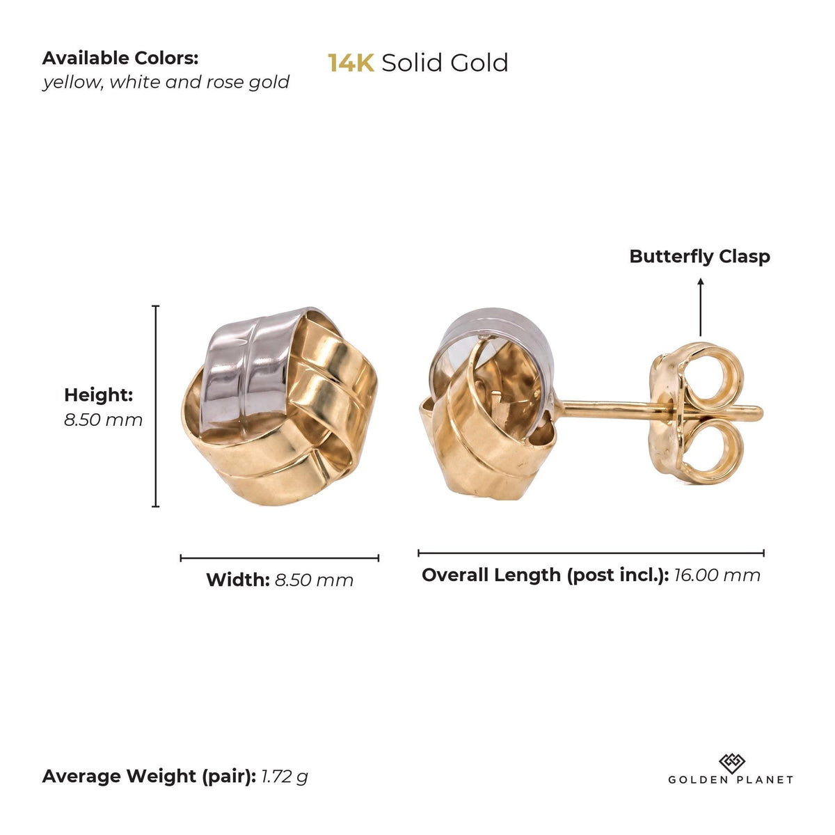 Size chart for the 14K gold knot earrings showing available colors, earring face, overall length, closure, average weight