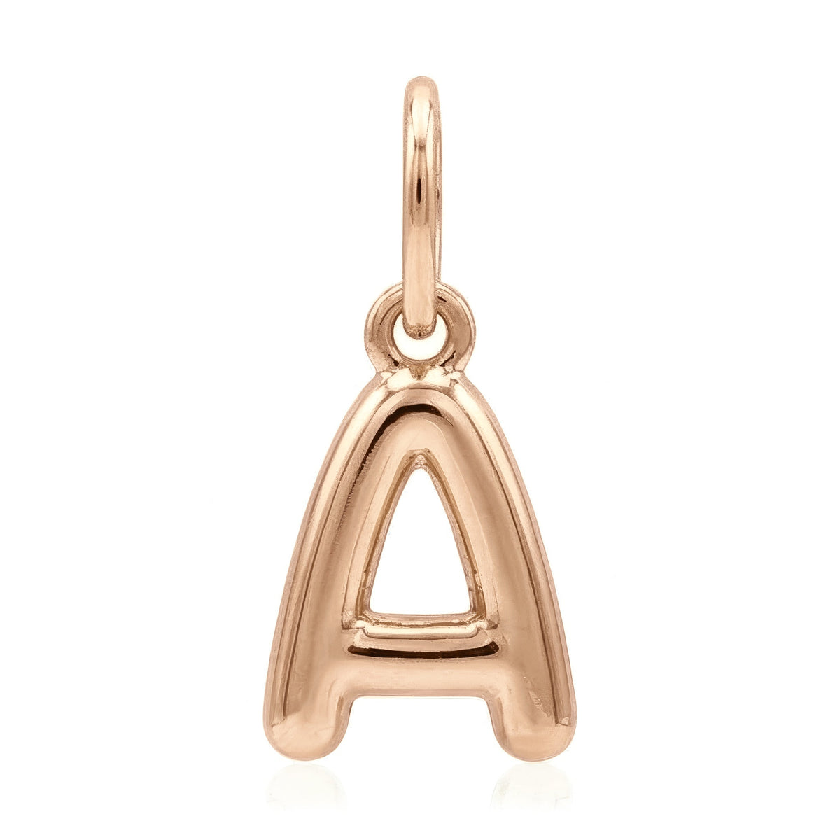 14K rose gold letter necklace charm, puffed bubble letter A pendant shown without chain on white