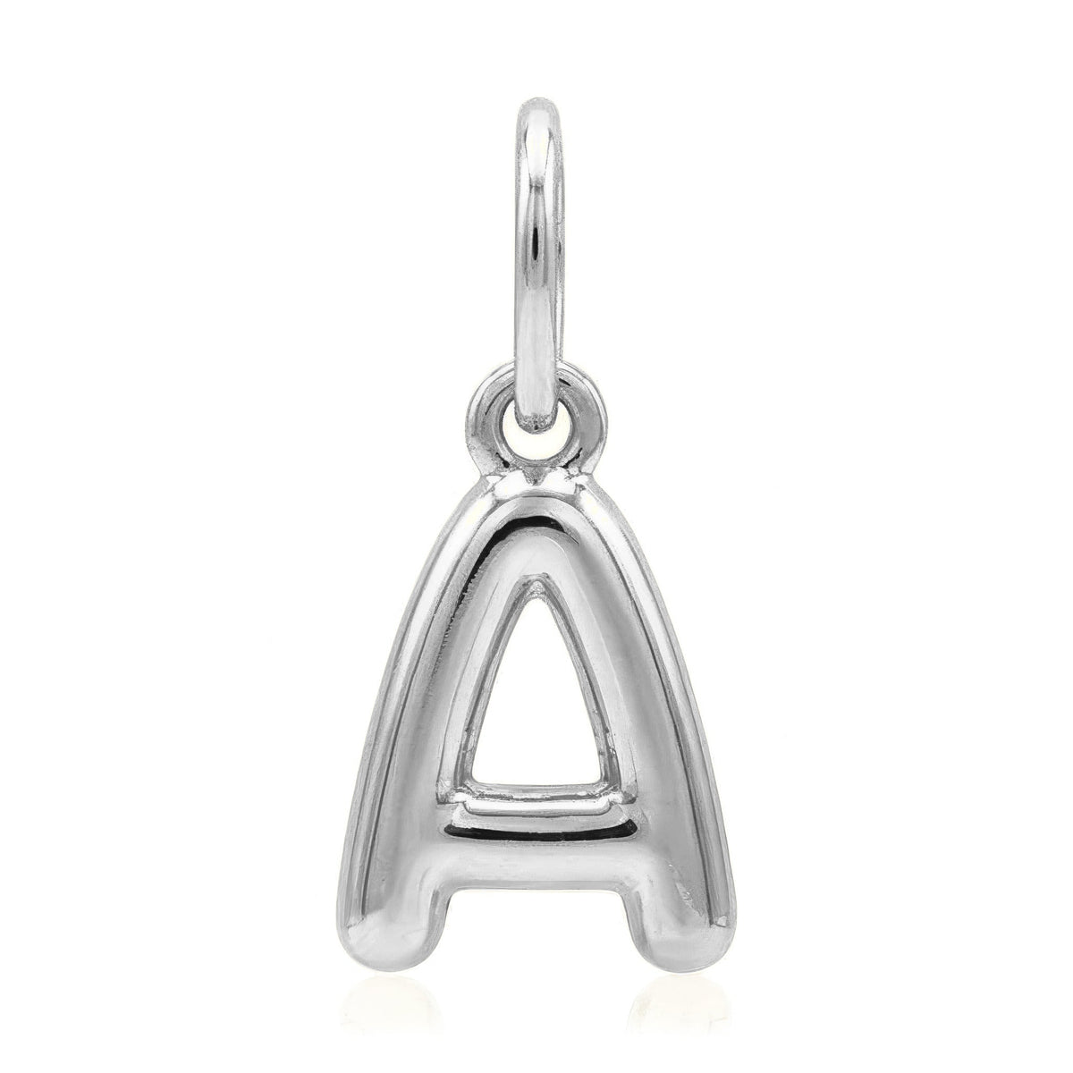 14K white gold letter necklace charm, puffed bubble letter A pendant shown without chain on white