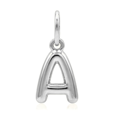 14K white gold letter necklace charm, puffed bubble letter A pendant shown without chain on white