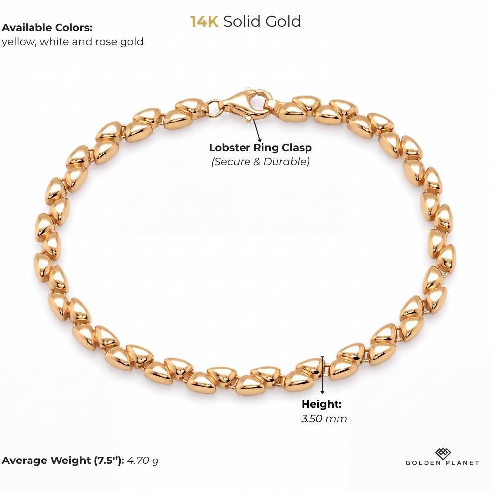 Size chart for the 14K gold link bracelet showing size and weight