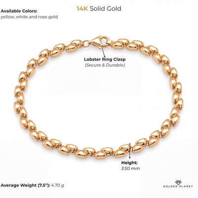 Size chart for the 14K gold link bracelet showing size and weight