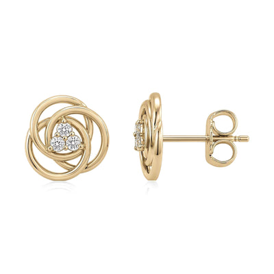 14K yellow gold love knot stud earrings with cubic zirconia trio, front view and side view with butterfly back
