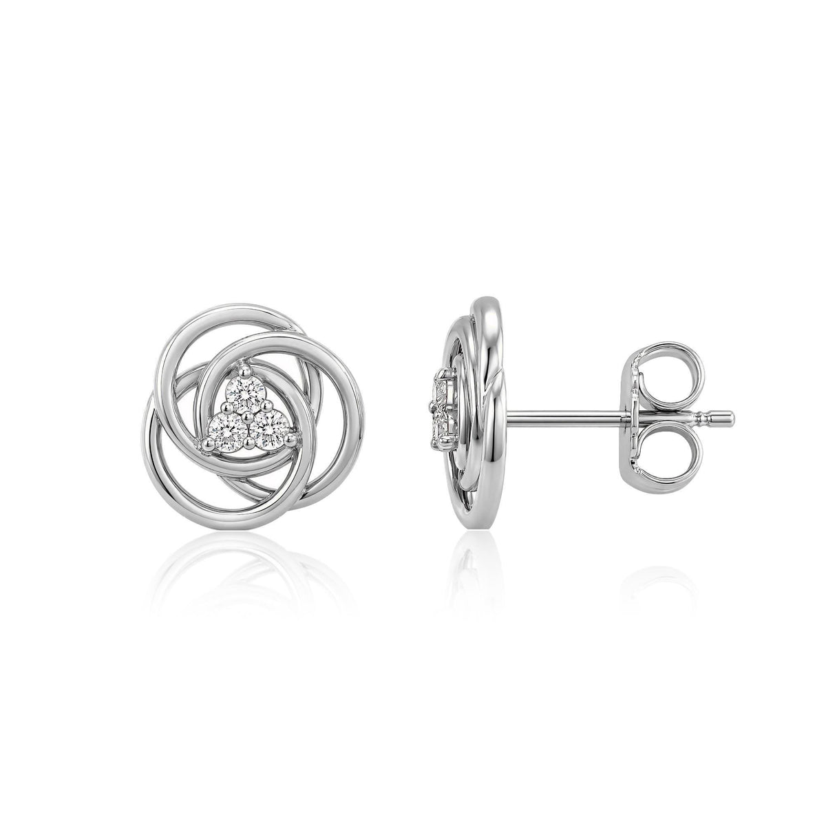 14K white gold love knot stud earrings with cubic zirconia trio, front view and side view with butterfly back
