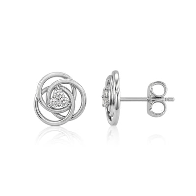 14K white gold love knot stud earrings with cubic zirconia trio, front view and side view with butterfly back