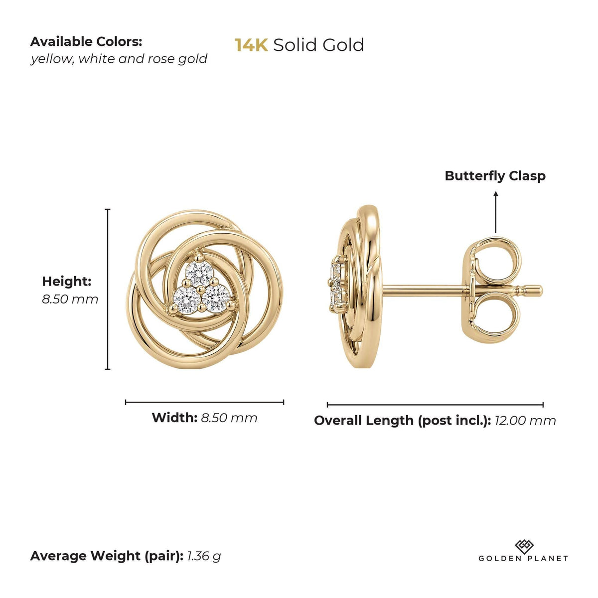 Size chart for the 14K gold love knot stud earrings showing stones, available colors, earring face, overall length, closure