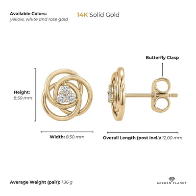Size chart for the 14K gold love knot stud earrings showing stones, available colors, earring face, overall length, closure