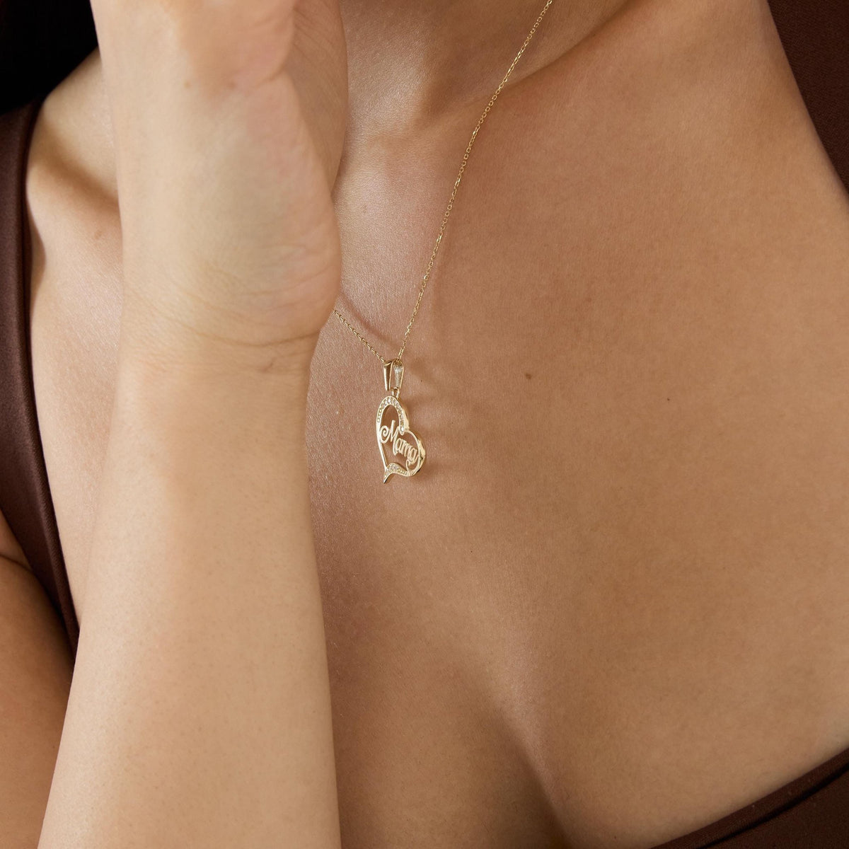 14K gold mama necklace, styled view