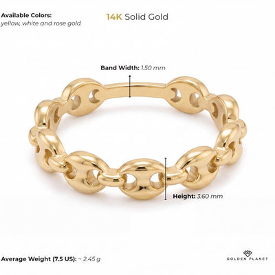 Size chart for the 14K gold mariner link ring showing available colors, band width, height, average weight