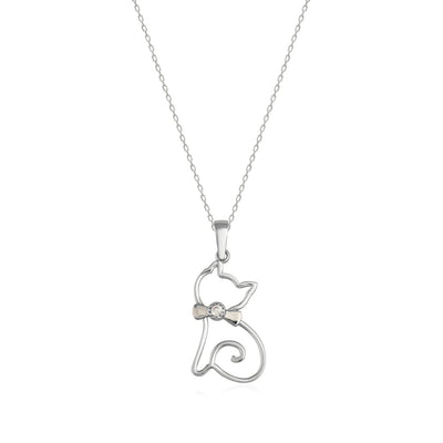 14K gold cat pendant necklace with bow and cubic zirconia on fine chain, minimalist jewelry design